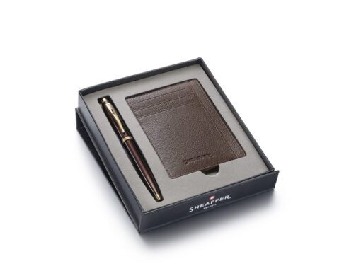 Balpen giftset Sheaffer 100 9370 glossy brown gold tone met creditcardhouder rustic mocha