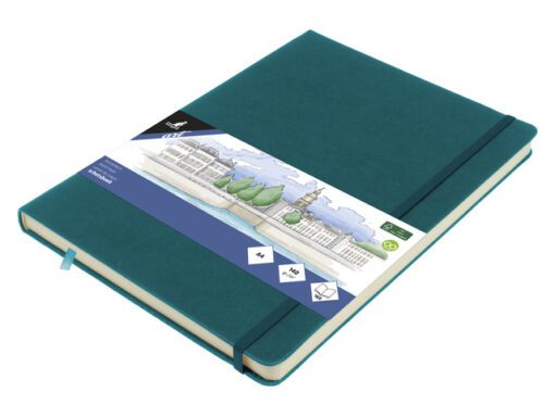 Schetsboek Kangaro A4 dark turquoise PU HC 80 vel 140gr     roomwit met elastiek en lint
