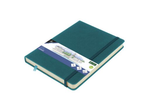 Schetsboek Kangaro A5 dark turquoise PU HC 80 vel 140gr     roomwit met elastiek en lint