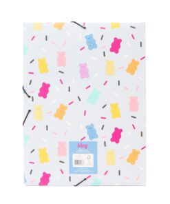 Elastomap B'LOG SWEET CANDY. Formaat A4 folio met 3 kleppen en afsluitbaar met hoekelastieken. Kaft voorzien van vernis met aardbeiengeur. Voor deze serie dient de gummibeer als basis