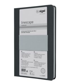 gedachten en ideeën in vast te leggen. Formaat A5 (148 x 213 x 16 mm) met 176 pagina's 80 grams wit gelinieerd papier (FSC-gecertificeerd). De stevige hardcover omslag met hoogwaardig draadstiksel garandeert stabiliteit bij het schrijven.  De schutbladen en zijkant van het papier zijn in accentkleur van het notitieboek. Het hele notitieboek is veganistisch. Kleur donkergrijs/lichtgrijs