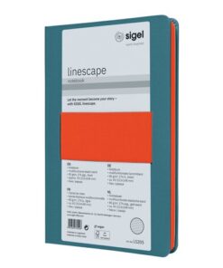 gedachten en ideeën in vast te leggen. Formaat A5 (148 x 213 x 16 mm) met 176 pagina's 80 grams wit gelinieerd papier (FSC-gecertificeerd). De stevige hardcover omslag met hoogwaardig draadstiksel garandeert stabiliteit bij het schrijven.  De schutbladen en zijkant van het papier zijn in accentkleur van het notitieboek. Het hele notitieboek is veganistisch. Kleur blauw/papaya.