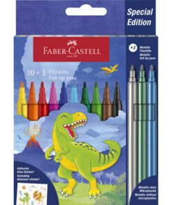 Viltstift Faber-Castell Dino 10x stand. Kleur+3x metallic   kleur incl. Dino stickers in karton etui