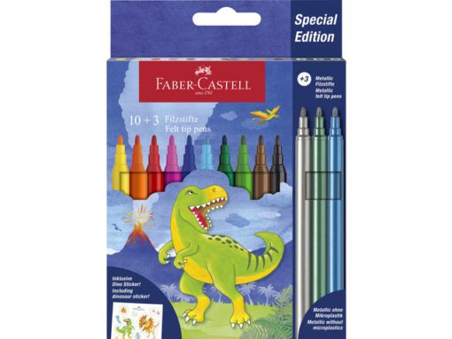 Viltstift Faber-Castell Dino 10x stand. Kleur+3x metallic   kleur incl. Dino stickers in karton etui