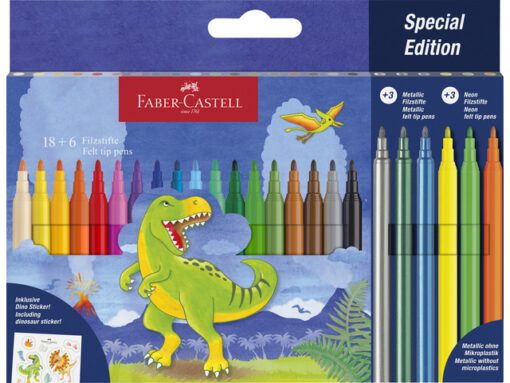 Viltstift FC Dino 18x stand. Kleur+3x metallic kleur+ 3x    neon kleur incl. dino stickers in karton etui