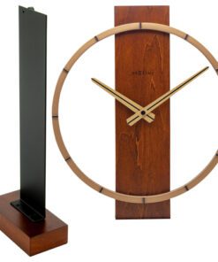 een zwarte streepjesindex en gouden wijzers met een zwarte streep. Door de afneembare voet kan de klok ook als wandklok worden gebruikt. Het slanke minimalistische ontwerp combineert het zachte natuurlijke gevoel van hout en het industriële gevoel van metaal. Deze klok is stil en werkt op 1 AA-batterij (niet inbegrepen).