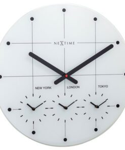 Wereldtijden klok - Stille wandklok - 43cm - Wit - Glazen   klok - NeXtime - "Big City"