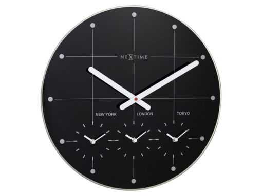 Wereldtijden klok - Stille wandklok - 43cm - Zwart - Glazen klok - NeXtime - "Big City"