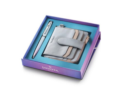Balpen giftset Sheaffer 100 Expressions 9376 parelmoer,     Chrome trims met portemonnee