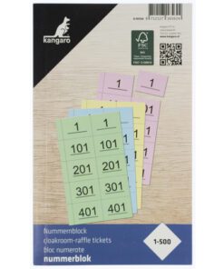 bevat bonnen met nummers van 1 tot en met 500 in geassorteerde kleuren. Voor extra zekerheid is iedere bon voorzien van een extra controlenummer. De bonnen zijn volledig geperforeerd