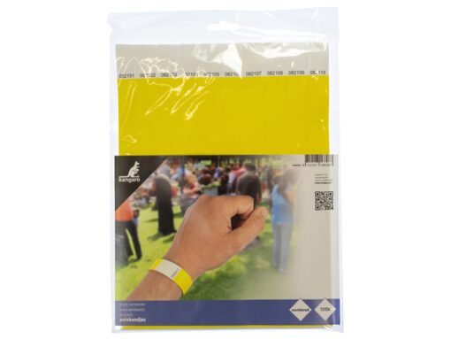 Polsbandjes Kangaro 254x195mm geel 100 stuksEach wristband has a unique number.