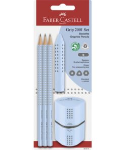 Potloodset Faber-Castell Grip 2001 sky blue met 3 potloden B, gum, trio slijper