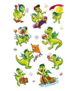 deels met glitters of reliëf. Formaat vel 76x120mm. Aantal vel 3. Motief draken.