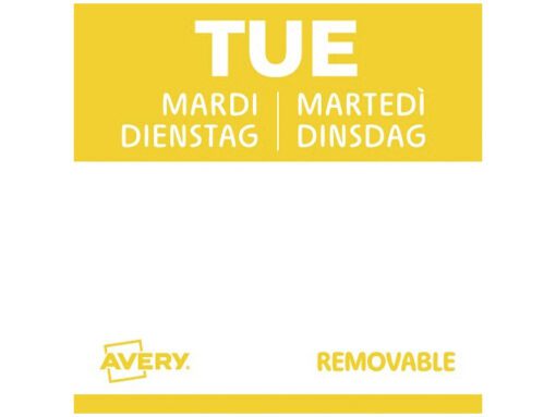 Etiketten HACCP Avery dinsdag geel bedrukt in 5 talen 25x25 mm beschrijfbaar en afneembaar 1000 etiketten in dispenser