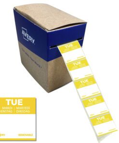 Etiketten HACCP Avery dinsdag geel bedrukt in 5 talen 25x25 mm beschrijfbaar en afneembaar 1000 etiketten in dispenser