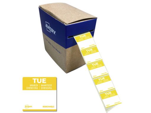 Etiketten HACCP Avery dinsdag geel bedrukt in 5 talen 25x25 mm beschrijfbaar en afneembaar 1000 etiketten in dispenser