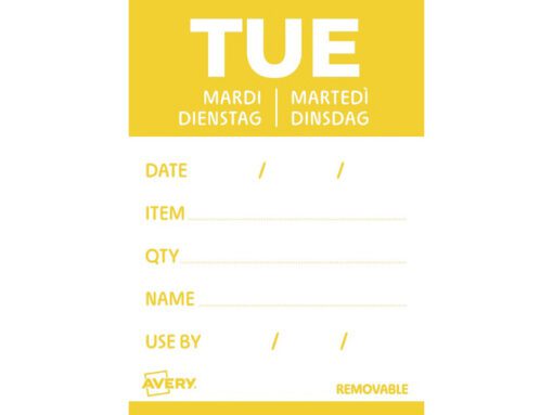 Etiketten HACCP Avery dinsdag geel bedrukt in 5 talen 40x56 mm beschrijfbaar en afneembaar 500 etiketten in dispenser