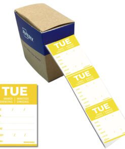 Etiketten HACCP Avery dinsdag geel bedrukt in 5 talen 40x56 mm beschrijfbaar en afneembaar 500 etiketten in dispenser