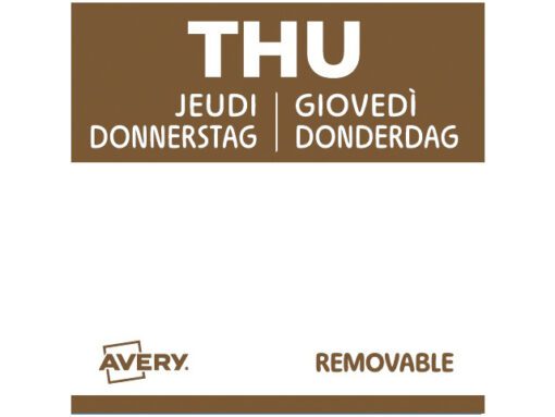 Etiketten HACCP Avery donderdag bruin bedrukt in 5 talen    25x25mm beschrijfbaar en afneembaar 1000 etiketten in