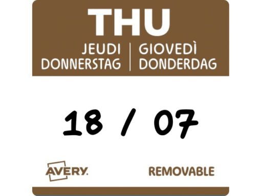 Etiketten HACCP Avery donderdag bruin bedrukt in 5 talen    25x25mm beschrijfbaar en afneembaar 1000 etiketten in