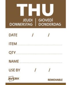 consumptie- of houdbaarheidsdata en productgegevens van levensmiddelen bij te houden. Dankzij een kleurcode per dag zien de teams in één oogopslag welke producten met voorrang moeten worden gebruikt. Dit draagt bij aan het verminderen van voedselverspilling en zorgt voor een optimale rotatie van de levensmiddelen. Het gebruik van dagetiketten betekent een dagelijkse tijdwinst en garandeert tegelijkertijd een onberispelijke servicekwaliteit in het kader van de HACCP-norm. De etiketten kunnen perfect worden geïntegreerd in de werkprocessen van uw keuken of productie. De papieren etiketten zijn eenvoudig en snel te beschrijven met elk type pen. De etiketten zijn voorzien van de volgende tekstvelden: Date/Datum