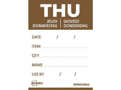 Etiketten HACCP Avery donderdag bruin bedrukt in 5 talen    40x56mm beschrijfbaar en afneembaar 500 etiketten in