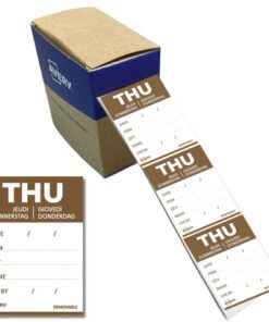Etiketten HACCP Avery donderdag bruin bedrukt in 5 talen    40x56mm beschrijfbaar en afneembaar 500 etiketten in
