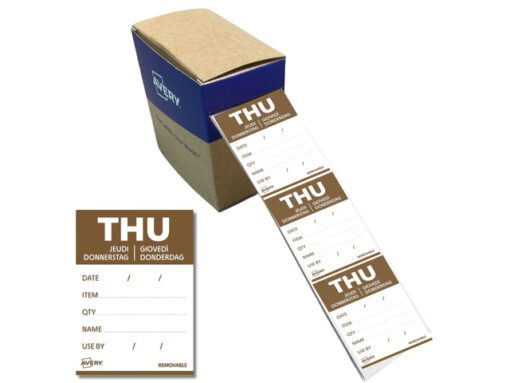 Etiketten HACCP Avery donderdag bruin bedrukt in 5 talen    40x56mm beschrijfbaar en afneembaar 500 etiketten in