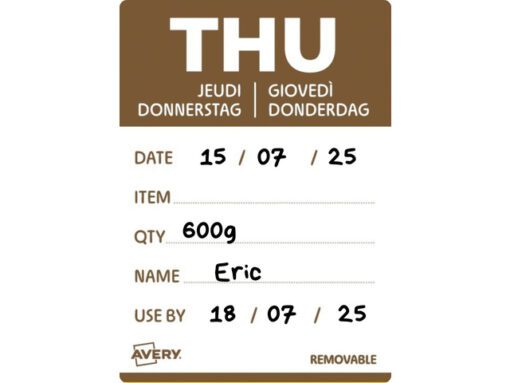 Etiketten HACCP Avery donderdag bruin bedrukt in 5 talen    40x56mm beschrijfbaar en afneembaar 500 etiketten in