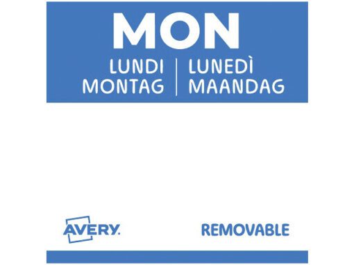 Etiketten HACCP Avery maandag blauw bedrukt in 5 talen      25x25 mm beschrijfbaar en afneembaar 1000 etiketten in