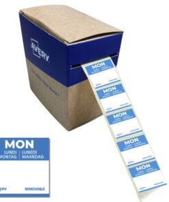 Etiketten HACCP Avery maandag blauw bedrukt in 5 talen      25x25 mm beschrijfbaar en afneembaar 1000 etiketten in