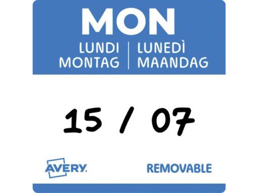 Etiketten HACCP Avery maandag blauw bedrukt in 5 talen      25x25 mm beschrijfbaar en afneembaar 1000 etiketten in