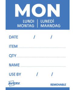 consumptie- of houdbaarheidsdata en productgegevens van levensmiddelen bij te houden. Dankzij een kleurcode per dag zien de teams in één oogopslag welke producten met voorrang moeten worden gebruikt. Dit draagt bij aan het verminderen van voedselverspilling en zorgt voor een optimale rotatie van de levensmiddelen. Het gebruik van dagetiketten betekent een dagelijkse tijdwinst en garandeert tegelijkertijd een onberispelijke servicekwaliteit in het kader van de HACCP-norm. De etiketten kunnen perfect worden geïntegreerd in de werkprocessen van uw keuken of productie. De papieren etiketten zijn eenvoudig en snel te beschrijven met elk type pen. De etiketten zijn voorzien van de volgende tekstvelden: Date/Datum