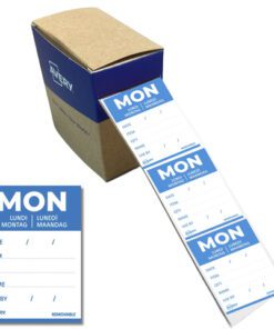 Etiketten HACCP Avery maandag blauw bedrukt in 5 talen      40x56 mm beschrijfbaar en afneembaar 500 etiketten in