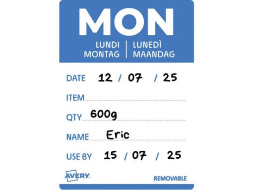 Etiketten HACCP Avery maandag blauw bedrukt in 5 talen      40x56 mm beschrijfbaar en afneembaar 500 etiketten in