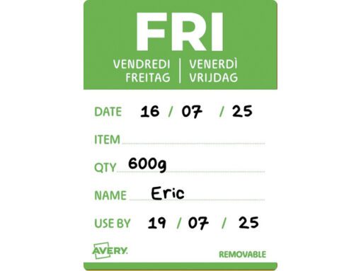 Etiketten HACCP Avery vrijdag groen bedrukt in 5 talen      40x56 mm beschrijfbaar en afneembaar 500 etiketten in