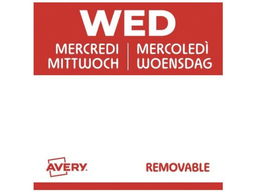 Etiketten HACCP Avery woensdag rood bedrukt in 5 talen      25x25 mm beschrijfbaar en afneembaar 1000 etiketten in