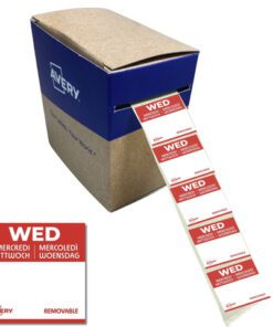 Etiketten HACCP Avery woensdag rood bedrukt in 5 talen      25x25 mm beschrijfbaar en afneembaar 1000 etiketten in