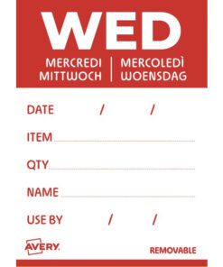 consumptie- of houdbaarheidsdata en productgegevens van levensmiddelen bij te houden. Dankzij een kleurcode per dag zien de teams in één oogopslag welke producten met voorrang moeten worden gebruikt. Dit draagt bij aan het verminderen van voedselverspilling en zorgt voor een optimale rotatie van de levensmiddelen. Het gebruik van dagetiketten betekent een dagelijkse tijdwinst en garandeert tegelijkertijd een onberispelijke servicekwaliteit in het kader van de HACCP-norm. De etiketten kunnen perfect worden geïntegreerd in de werkprocessen van uw keuken of productie. De papieren etiketten zijn eenvoudig en snel te beschrijven met elk type pen. De etiketten zijn voorzien van de volgende tekstvelden: Date/Datum