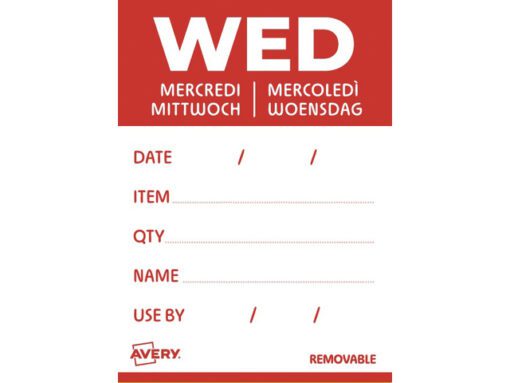 Etiketten HACCP Avery woensdag rood bedrukt in 5 talen      40x56 mm beschrijfbaar en afneembaar 500 etiketten in