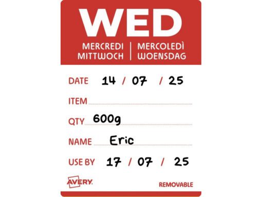 Etiketten HACCP Avery woensdag rood bedrukt in 5 talen      40x56 mm beschrijfbaar en afneembaar 500 etiketten in