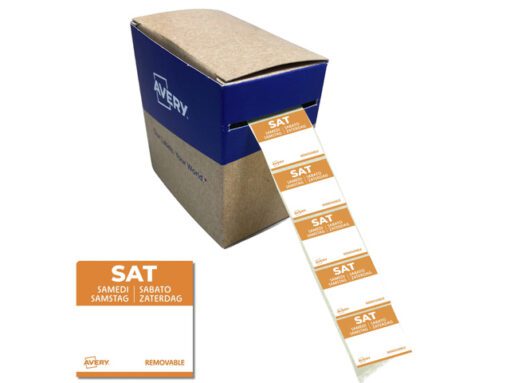 Etiketten HACCP Avery zaterdag oranje bedrukt in 5 talen    25x 25mm beschrijfbaar en afneembaar 1000 etiketten in