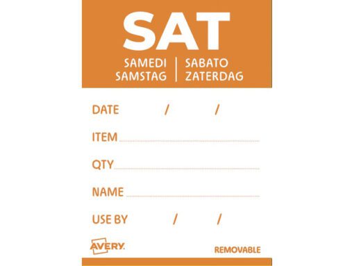 Etiketten HACCP Avery zaterdag oranje bedrukt in 5 talen    40x 56mm beschrijfbaar en afneembaar 500 etiketten in