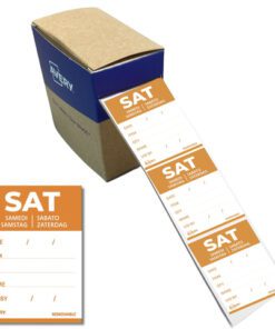 Etiketten HACCP Avery zaterdag oranje bedrukt in 5 talen    40x 56mm beschrijfbaar en afneembaar 500 etiketten in