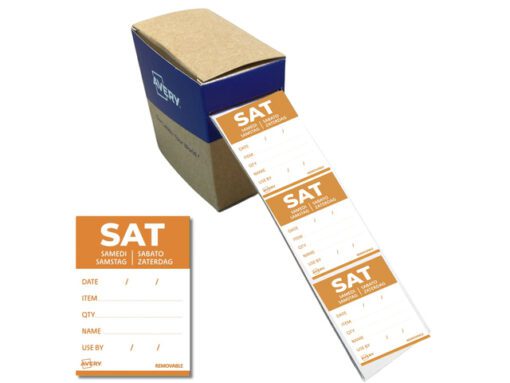 Etiketten HACCP Avery zaterdag oranje bedrukt in 5 talen    40x 56mm beschrijfbaar en afneembaar 500 etiketten in