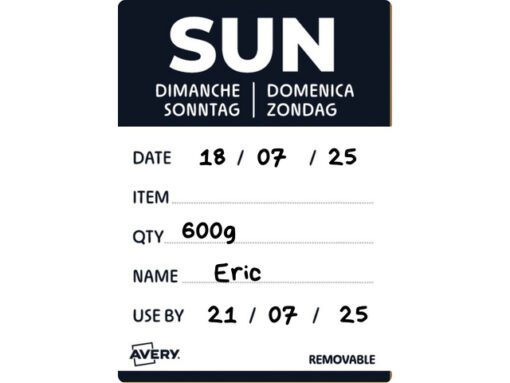 Etiketten HACCP Avery zondag zwart bedrukt in 5 talen 40x56 mm beschrijfbaar en afneembaar 500 etiketten in dispenser
