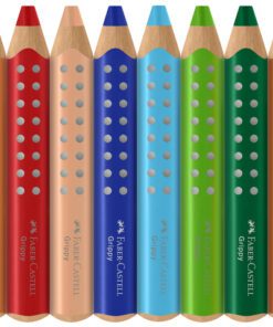 is de ergonomische driehoekige vorm met antislip puntjes die zorgen voor een comfortabele en stevige grip en de overgang van eerste greep naar drievingerige greep ondersteunt. Tevens voorkomt de driehoekige vorm het wegrollen van de tafel. Dit 3-in-1 potlood is een kleurpotlood