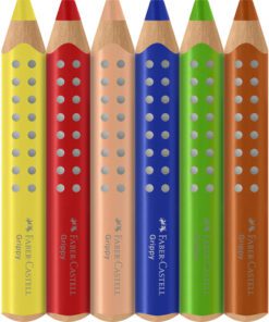 is de ergonomische driehoekige vorm met antislip puntjes die zorgen voor een comfortabele en stevige grip en de overgang van eerste greep naar drievingerige greep ondersteunt. Tevens voorkomt de driehoekige vorm het wegrollen van de tafel. Dit 3-in-1 potlood is een kleurpotlood