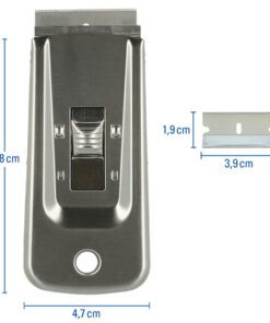metaal en gladde oppervlakken. De veilige grip en het ergonomisch ontwerp zorgen voor duurzaam en langdurig gebruik bij reinigings- en verwijderingswerkzaamheden. Inclusief 1 mesje - scherp en vervangbaar. Afmeting schraper: 9