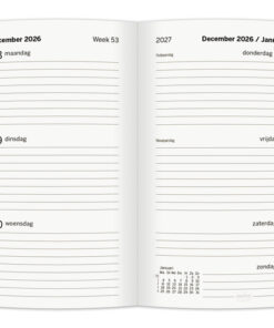 De compacte Multo Essential zakagenda is een praktische dagelijkse planner die dankzij het slanke formaat eenvoudig mee te nemen is in jas- of handtas. De agenda heeft 128 pagina's van crèmekleurig 80 grams papier en biedt een helder weekoverzicht waarbij 7 dagen over 2 pagina's verdeeld zijn. Het garen gebonden binnenwerk zorgt voor duurzaamheid